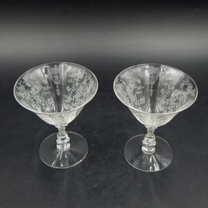 Cambridge Glass Rose Point Low Foot Champagne Sherbet Goblets Clear Pair